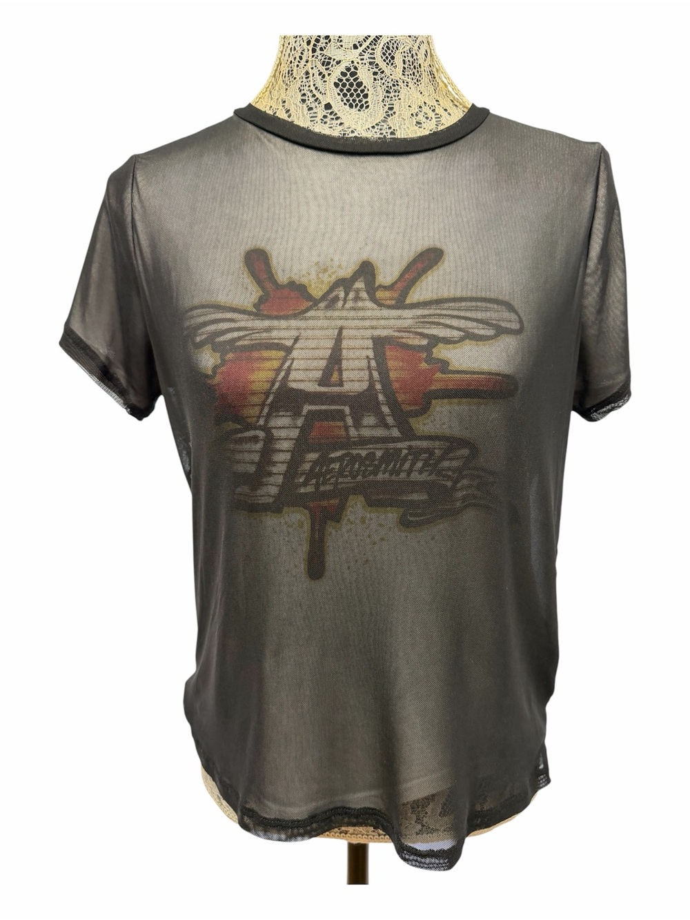Aerosmith M Black Sheer Mesh Graphic Band Tee Y2K Grunge Rock